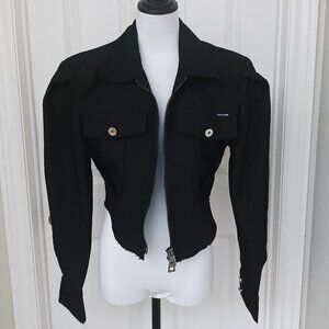 NWT Women's Black Puff Long Sleeve Pocket Front Zip Lapel Collar Jacket Top
